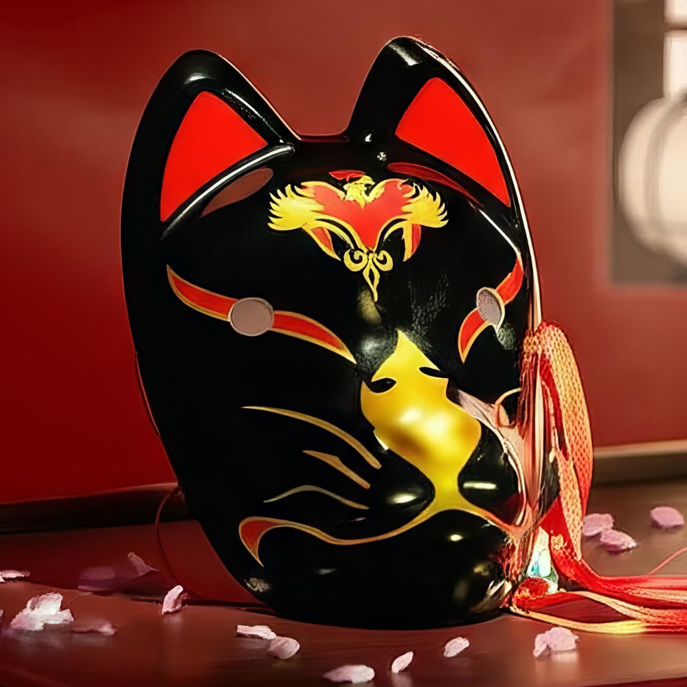 Masque japonais Kitsune noir en résine avec motifs dorés et rouges, décor renard sacré, style traditionnel