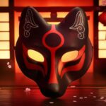 Masque japonais Kitsune noir et rouge en forme de renard avec motifs traditionnels blancs et rouges, éclairé de l'intérieur