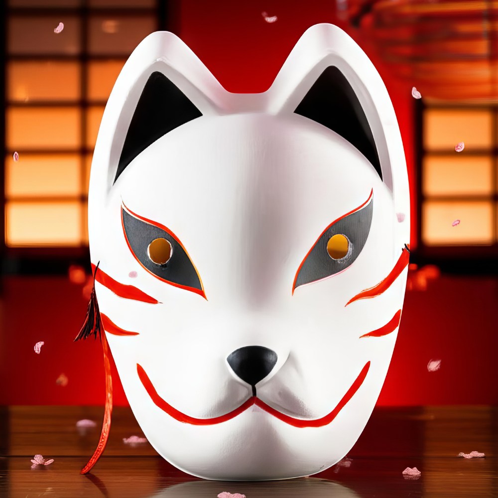 Masque japonais Kitsune rusé blanc avec motifs rouges et noirs, forme de renard sacré, décor traditionnel