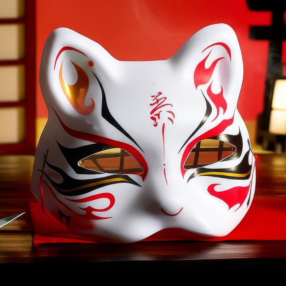 Masque japonais Kitsune tribal blanc avec motifs rouges, noirs et dorés, forme de renard sacré, décoration traditionnelle