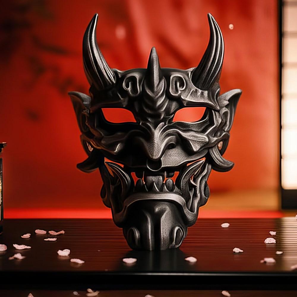 Masque japonais Oni argenté en métal avec cornes, décorations sculptées et expression féroce