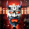 Masque japonais Oni blanc et bleu en résine avec cornes et expression menaçante sur fond flou rouge