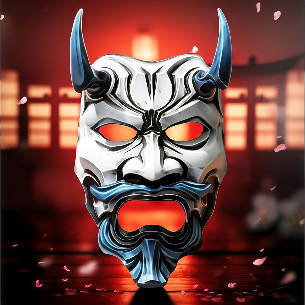 Masque japonais Oni blanc et bleu en résine avec cornes et expression menaçante sur fond flou rouge