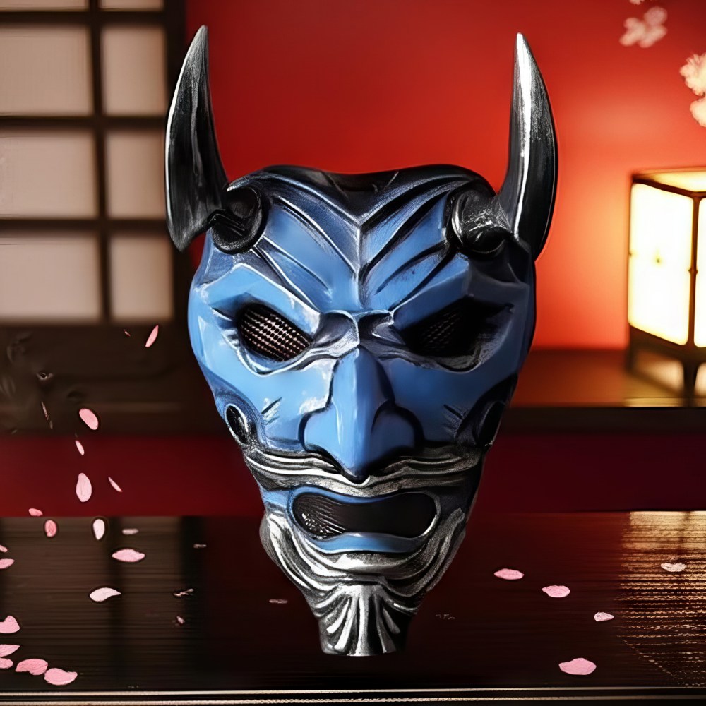 Masque japonais Oni bleu ciel en résine avec cornes noires, détails sculptés et finition brillante
