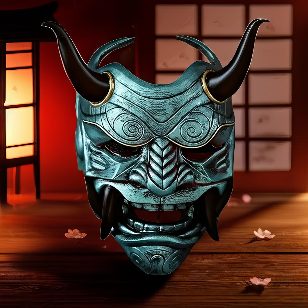 Masque japonais Oni bleu en métal avec cornes noires, décor traditionnel et expression menaçante
