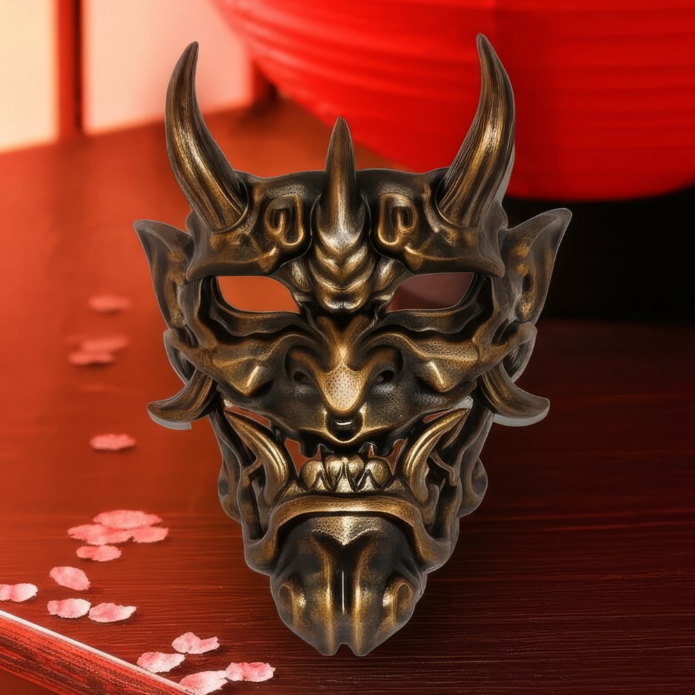 Masque japonais Oni en bronze antique avec détails sculptés et cornes, style traditionnel démon japonais