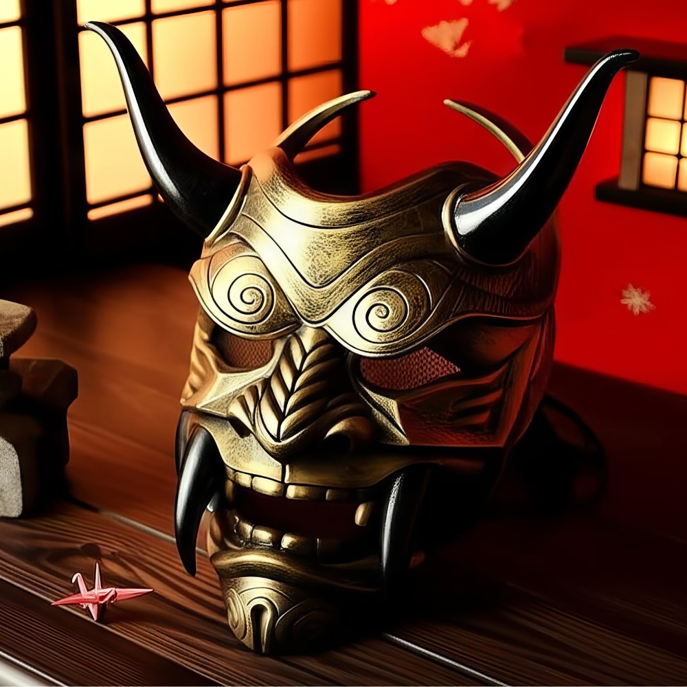 Masque japonais Oni en bronze avec grandes cornes noires, motifs gravés et expression démoniaque