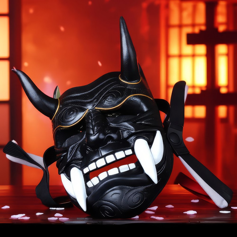 Masque japonais Oni noir en matériau artisanal avec grandes défenses blanches et détails dorés, présenté en angle avec fond lumineux orange