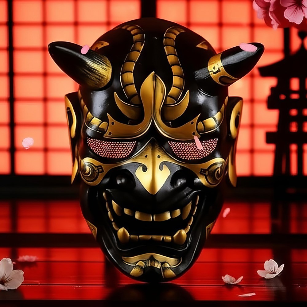 Masque japonais Oni noir et doré en résine avec détails dorés brillants et expression féroce, décor traditionnel japonais en arrière-plan