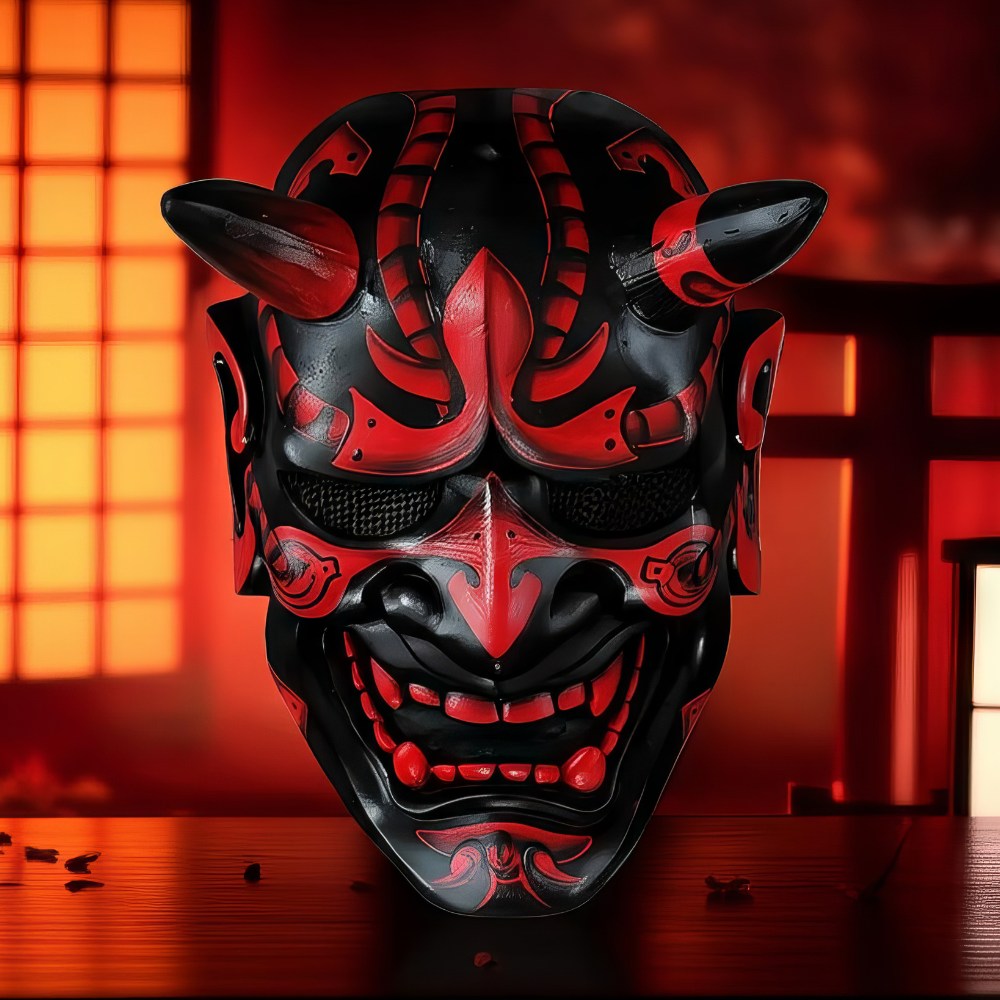 Masque japonais Oni rouge et noir en matériau rigide avec motifs traditionnels et cornes sur fond d'intérieur japonais éclairé