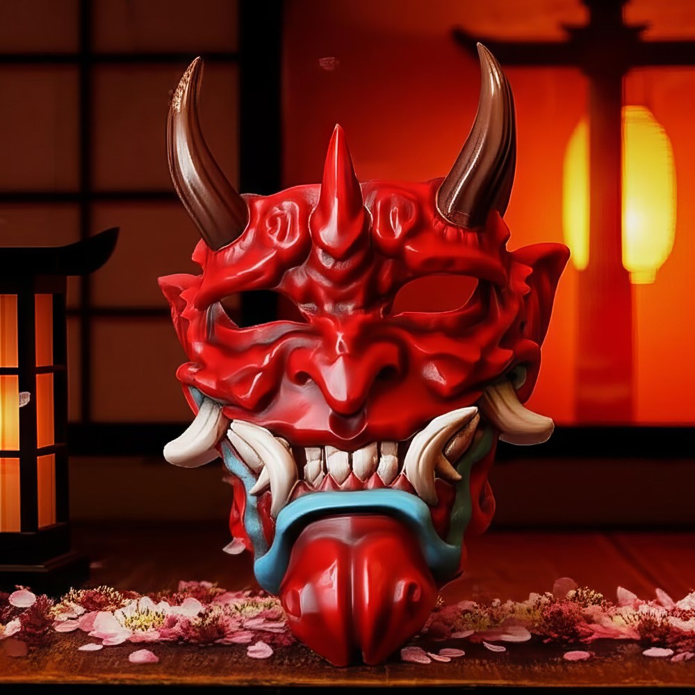 Masque japonais Oni rouge sang en résine avec cornes noires incurvées, dents blanches proéminentes et langue bleue, décor traditionnel de démon japonais