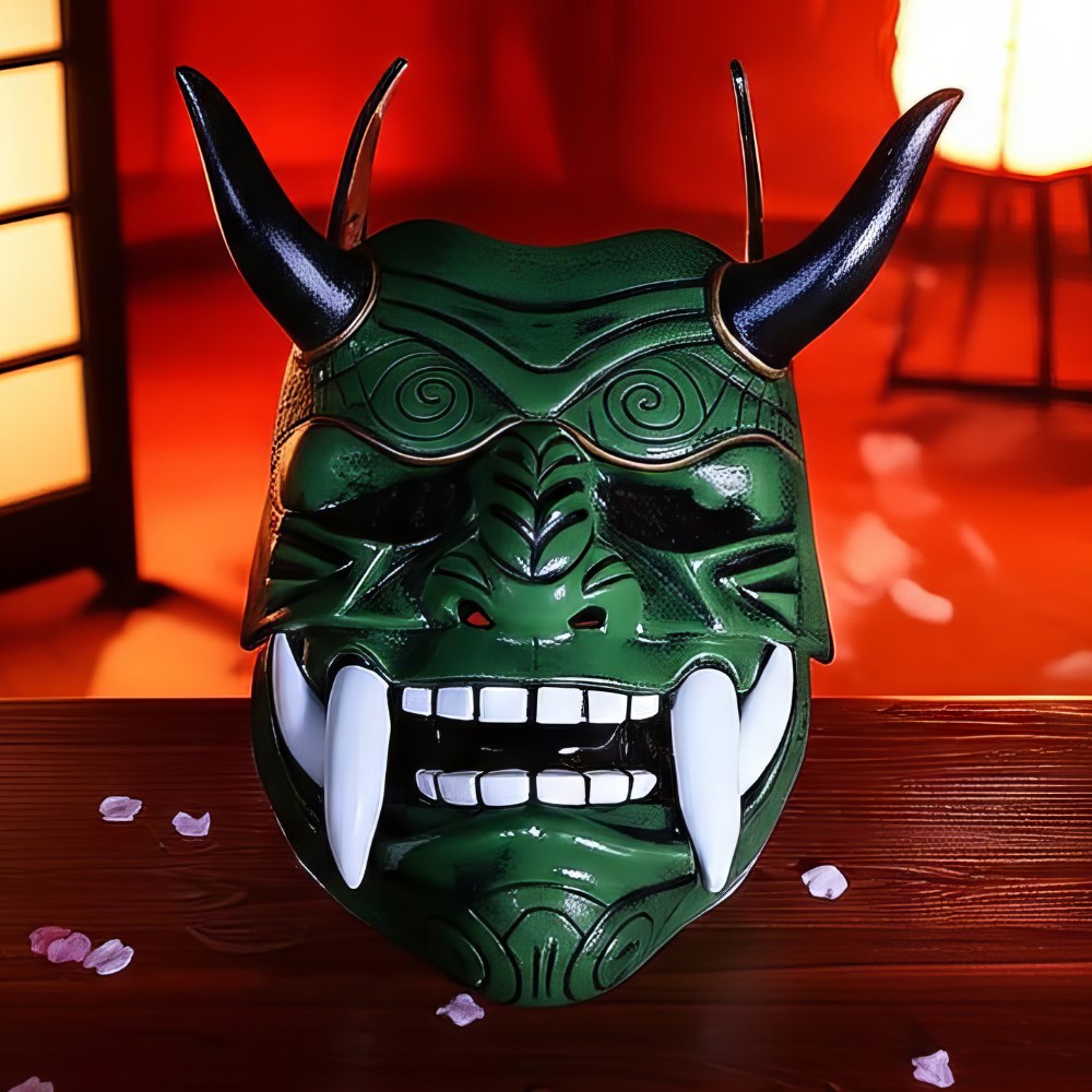 Masque japonais Oni vert en matière artisanale avec grandes défenses blanches et cornes noires brillantes, décor sculpté traditionnel
