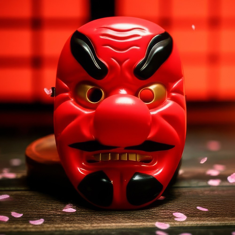 Masque japonais Tengu rouge en bois avec sourcils et moustache noirs, nez proéminent et expression traditionnelle