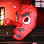 Masque japonais Tengu rouge traditionnel avec long nez et sourcils noirs, en matière plastique, décoratif