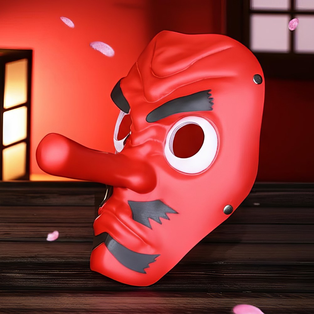 Masque japonais Tengu rouge traditionnel avec long nez et sourcils noirs, en matière plastique, décoratif