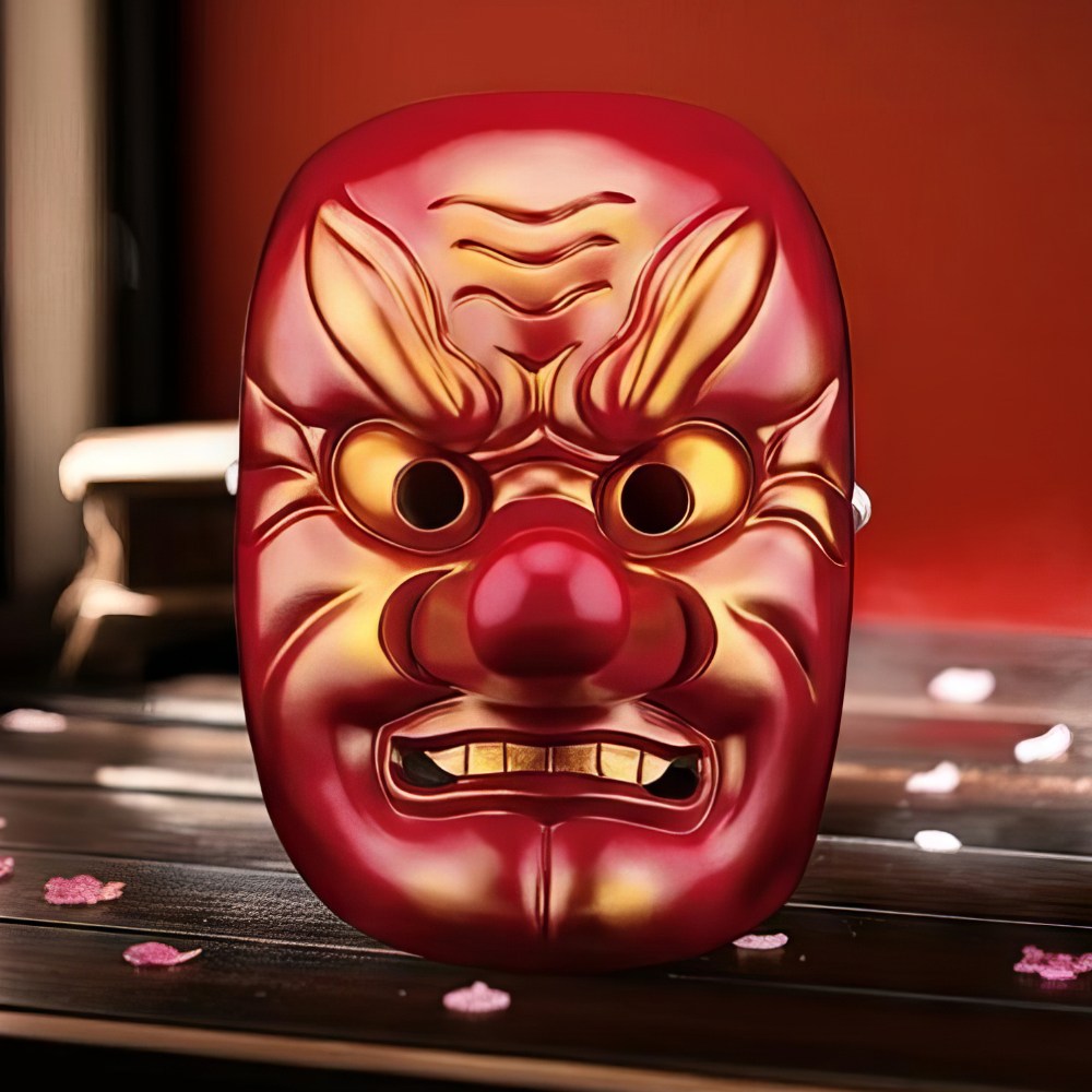 Masque japonais Tengu traditionnel rouge et doré avec long nez, décor sculpté et regard expressif