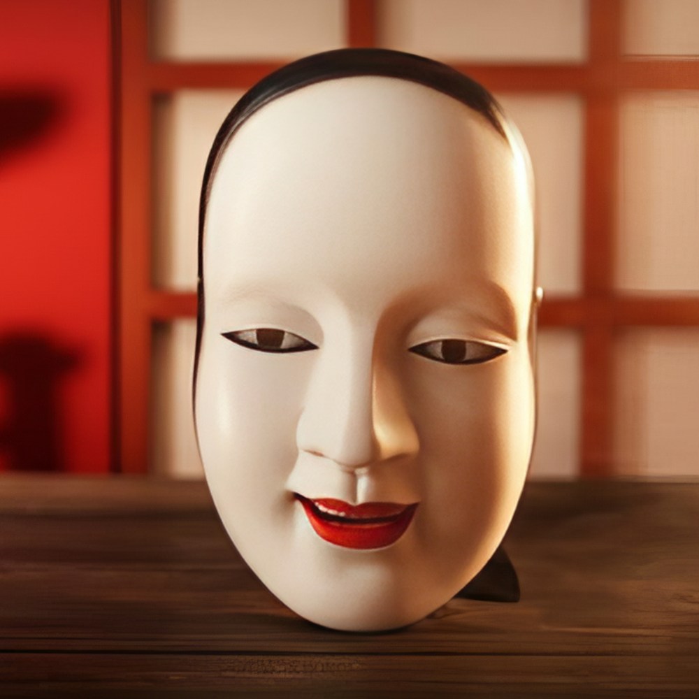 Masque de théâtre japonais Nô blanc traditionnel avec expression souriante et lèvres rouges