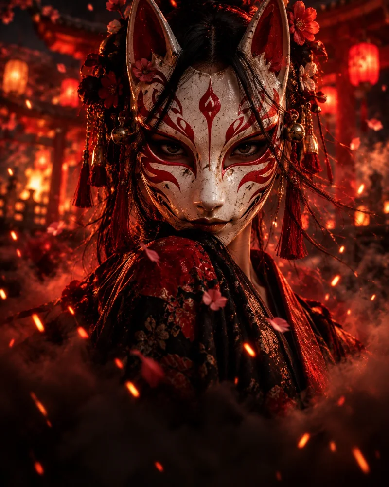 Masque japonais Kitsune blanc porté dans une ruelle