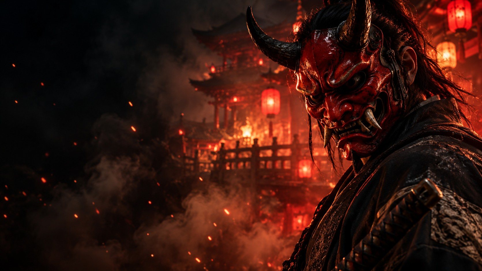 Guerrier japonais portant un masque Oni rouge dans la fumée et les lanternes
