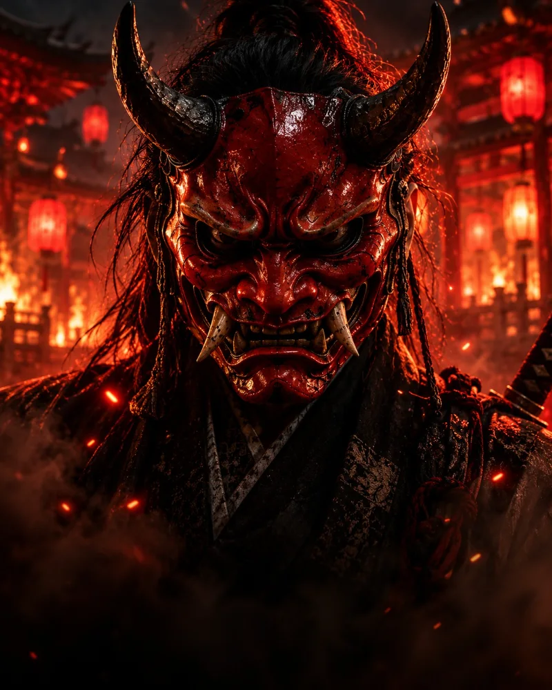 Masque japonais Oni rouge porté de nuit