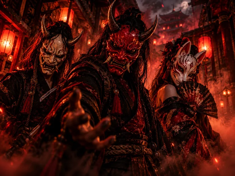 Masques japonais Oni rouges pour Halloween
